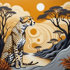 a painting of a cheetah sitting on a rock in the middle of a desert