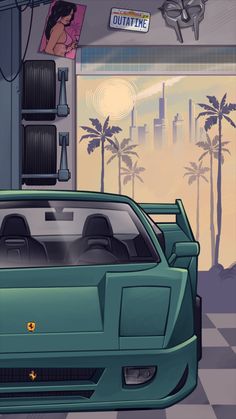 a green sports car parked in front of a window with palm trees and a city view