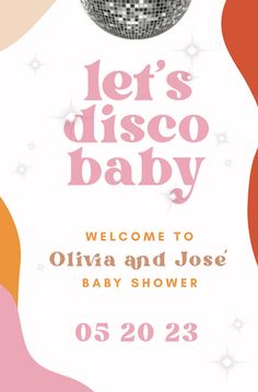 a baby shower party poster with disco ball and stars on it's back ground