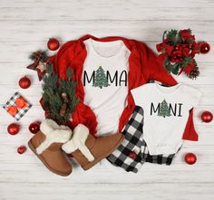 "Order by December 12th to ensure delivery before Christmas. Orders will still be accepted after this date and processed as soon as possible, but may not arrive before Christmas Day. Please plan accordingly as refunds will not be provided for orders that are delivered within their estimated window. These mama and mini matching family shirts set are perfect for a gift for mom or as a new mom gift idea. They are available in newborn, toddler, youth and adult sizes. Complete your daughter/ son's ou Mother Daughter Shirts, Mini Outfit, Matching Family Shirts, Mama And Mini, Christmas Shirts For Kids, Matching Mom, Daughters Shirt, Family Shirts Matching, New Mom Gift