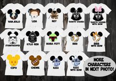 mickey mouse and other disney characters on white shirts with the words more characters in next photo