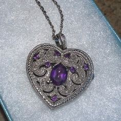 Purple Crystal With Real Diamonds Heart Shaped Locket Necklace Purple Locket, Violet Theme, Enchanted Necklace, Heart Shaped Locket, Ella Enchanted, Exotic Jewelry, Necklace Purple, Purple Crystal, Heart Shaped Diamond