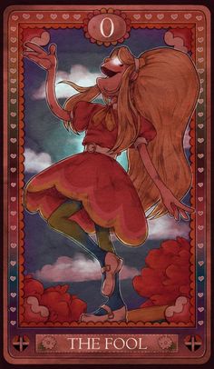 the fool tarot card is shown in red