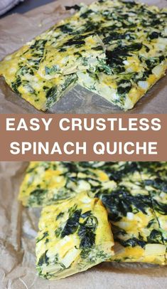 easy crustless spinach quiche recipe with cheese and spinach on top, cut in half