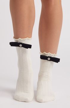 Ribbon bows sweeten these cotton-blend quarter socks designed to make a statement. Cotton/polyester Machine wash, tumble dry Imported Ribbon Socks, Bow Socks, Clara Bow, Quarter Socks, Designer Socks, Drawing People, Aesthetic Outfits, Ribbon Bows, Crew Socks