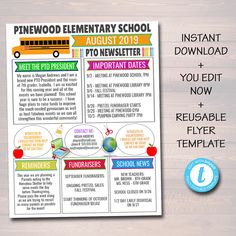 August PTO PTA Newsletter Flyer, Classroom Printable Handout, School Year Calendar Back to School Meeting Agenda Organizer EDITABLE Template Back To School Newsletter, School Newsletter Template, Meeting Agenda