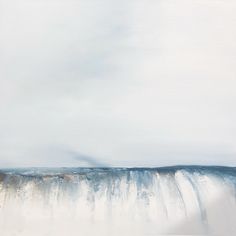 an abstract painting of waves in the ocean on a white and blue background with grey clouds