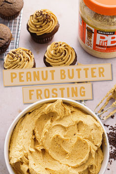 peanut butter frosting in a bowl next to cupcakes