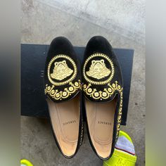 Size 8.5 They’re News I Try Them Once But To Small And That’s How Those Get The Mark On The Bottom Luxury Black Flat Loafers, Designer Black Loafers With Round Toe, Luxury Black Closed Toe Loafers, Designer Black Loafers For Party, Designer Black Party Loafers, Versace Loafers, Black Velvet Loafers, Versace Blue, Black Suede Loafers