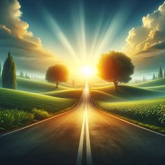 the sun is shining down on an empty road with trees and grass in the foreground