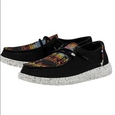 New Wendy Black Distressed Aztec 2022 Black Canvas Sneakers For Fall, Black Casual Sneakers For Fall, Casual Black Sneakers For Fall, Casual Black Fall Sneakers, Casual Multicolor Fall Sneakers, Black Sneakers With Cushioned Footbed For Fall, Casual Textile Sneakers For Fall, Aztec Shoes, Hey Dude Shoes