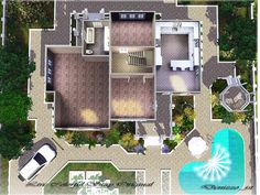 an aerial view of a house with a swimming pool