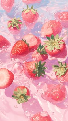 some strawberries are floating in the water and on top of each other with bubbles