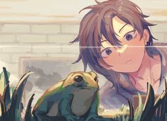 a girl and a frog looking at each other