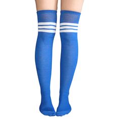 Royal Blue Thigh High Socks With 3 White Stripes At The Top. Made In Usa Size: Women's 7-11 Material: 80% Cotton, 20% Nylon & Elastic Length: 32" - 34" Before Stretched Blue Thigh High Socks, White Thigh Highs, Orange Socks, Polka Dot Socks, Full Outfits, Green Socks, Dairy Queen, Blue Socks, Blue And White Style