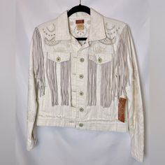 New With Tags, Perfect Cream Jean Jacket For Festival Season. Leather Suede Fringe And Embroidery Details. So Cute! Excellent Condition. Measurements: Shoulder To Shoulder 16.5", Length 21", Arm Length 24" Please Let Me Know If You Have Any Questions. No Trades. Sold As Is. White Fitted Bohemian Outerwear, Fitted White Bohemian Outerwear, White Vintage Outerwear For Spring, Vintage White Spring Outerwear, Cream Jeans, Festival Jacket, Suede Fringe, Embroidery Details, Western Style