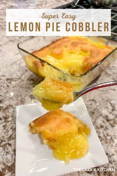 a casserole dish with lemon pie cobbler in it on a white plate