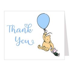 a thank card with a baby bear holding a blue balloon