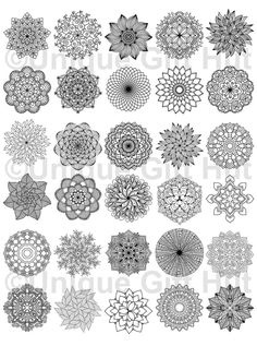 an assortment of circular designs in black and white