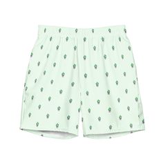 Mid-length swim trunks with cactus pattern. They're quick-drying and breathable, have multiple pockets for all your belongings (even a secret inner pocket!) and feature a silky, anti-chafe inner liner. * Fabric and liner composition: 91% recycled polyester, 9% spandex * Four-way stretch water-repellent microfiber fabric * Anti-chafe mesh inner liner * Elastic waistband with drawcord * Mesh pockets * Small inside pocket for valuables * UPF 50+ Care instructions: Cold wash and hang to dry. Please Green Swim Trunks With Pockets And Relaxed Fit, Green Swim Trunks With Pockets Relaxed Fit, Green Relaxed Fit Swim Trunks With Pockets, Green Swim Trunks With Side Pockets For Beach, Casual Green Printed Swim Trunks, Casual Athletic Shorts With Pockets For Poolside, Green Swim Trunks With Built-in Shorts And Relaxed Fit, Casual Green Swimwear With Relaxed Fit, Happy Cactus