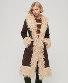 Superdry Faux Fur Lined Longline Afghan Coat - Women's Womens Jackets Faux Fur Trim Coat, Afghan Coat, Long Fur Coat, Penny Lane Coat, Retro Coat, Fur Trim Coat, Boho Mode, Womens Jackets, Boho Fall