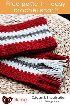 two crocheted scarfs sitting on top of a wicker basket with text overlay that says free pattern - easy crochet scarf