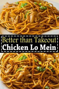 chicken lo mein with noodles and green onions in it on a white plate next to the words, better than takeout chicken lo mein