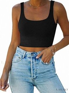 Lasaky - Sleeveless Crop Top with Tight Fit, Revealing Navel, for a Sexy Look Yoga Crop Tops, Cute Summer Tops, Cropped Tops, Cropped Cami, Tops Black, Neck Crop Top, Sleeveless Crop Top, Basic Tops, Cami Tanks