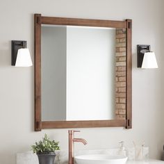 a bathroom sink with a mirror above it next to a brick wall and potted plant