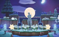 an animated scene with statues and flowers in front of a full moon filled night sky