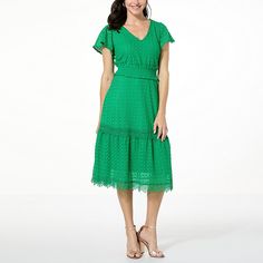 Lacey Chabert Knit Lace Tiered Dress   Cute, comfortable and convenient, this flattering flutter-sleeve dress will bring you to tiers. Spring Green Lace Dress With Lace Trim, Blue Fitted Crochet Lace Dress, Blue Lace Crochet Dress With Lace Trim, Knee-length Crochet Lace Dress With Lace Trim, Fitted Crochet Dress With Scalloped Lace, Mini Length, Lacey Chabert, Flutter Sleeve Dress, Draped Fabric, Stretch Lace