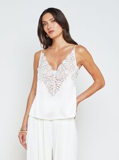 L'AGENCE - Priya Silk Lace Camisole in White White Lace Top V-neck Camisole, Lace V-neck Camisole With Contrast Lace, V-neck Lace Camisole With Contrast Lace, Luxury V-neck Lace Top Camisole, Chic Lace-trim Sleeveless Camisole, Lace Silk, White Cami, Knit Denim, Silk Camisole