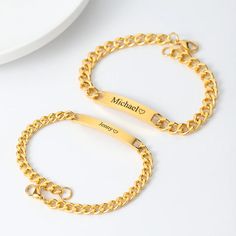 Celebrate your special connection with the Personalized Couples Engraved Bracelet Set. These bracelets are a symbol of unity and togetherness, featuring personalized engravings that tell your unique story. Crafted with care, they make for a meaningful and stylish accessory. Show the world your strong bond with this timeless bracelet set, a perfect gift for couples who want to carry their connection with them everywhere they go. HANDCRAFTED WITH CARE: These exquisite bracelets represent the most Custom Engraved Bracelet, Matching Couple Bracelets, Gold Engraving, Valentines Day Birthday, Engraved Bracelet, Couple Bracelets, Unique Bracelets, Personalized Couple, Photo Heart