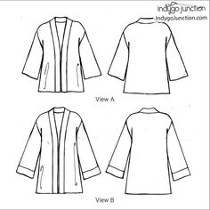 A banded kimono style jacket in two lengths; mid-hip or lower hip. Offers a loose fit, while not oversized, with no closures and optional inseam pockets. May be constructed with a choice of four sleeve options: Long or three-quarter length, with or without a cuff. Fashion from one fabric or with contrasting band and cuffs. Sizes S - 3XL. Item Number: 74-1115-8 Original SKU: IJ1115CR Kimono Pattern Free, Kimono Jacket Sewing Pattern, Kimono Jacket Pattern, Kimono Sewing, Kimono Sewing Pattern, Flat Drawings, Kimono Style Jacket, Kimono Shirt, Free Sewing Pattern