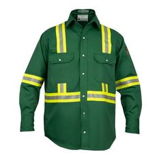 A comfortable Workwear option for warm work environments, this men's collared shirt keeps you safe on the job without weighing you down. At seven ounces, it's among the lightest flame-resistant western style front open with Pearl Snap buttons. It's built to last from durable cotton and features two breast pockets, with flaps, snap closure and pen slot on left breast pocket. Size: L.  Color: Green. Comfortable Workwear, Welding Jackets, Arc Flash, Work Wear Outfits, Father Shirts, Bottle Green, Collared Shirt, Henley Shirts, Work Shirts