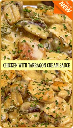 chicken with tarragon cream sauce is shown in two separate images, the same side by side