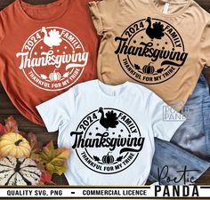 three thanksgiving t - shirts on display with fall leaves