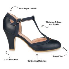 Looking for a stylish shoe that's both vintage and modern? The Olina by Journee Collection is the perfect shoe for you. With piping details and a T-strap closure, this shoe brings a classic look borrowed from the roaring 20s. The Olina also features a cone pump heel and narrow-width design, made from soft vegan leather and paired with a padded footbed for maximum comfort. Add the Olina to your shoe collection for a perfect blend of style and comfort. The Roaring 20s, Block Heel Pumps, Closed Toe Shoes, Roaring 20s, Buckle Shoes, Round Toe Heels, Journee Collection, Perfect Shoes, Heel Pumps