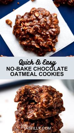 no - bake chocolate oatmeal cookies stacked on top of each other