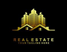 the real estate logo is shown in gold and black with an image of two buildings