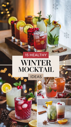 winter cocktails with text overlay that reads, 15 healthy winter mocktails ideas