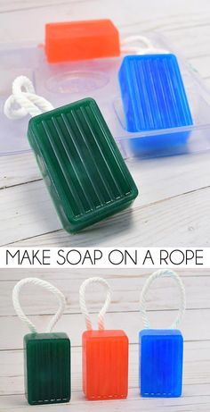 four soap bars in different colors and sizes on a white wooden surface with text overlay that says make soap on a rope