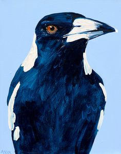 a painting of a black and white bird on a blue background