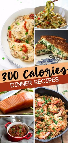 the collage shows different types of food and dishes with text overlay that reads, 200 calories dinner recipes