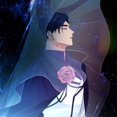 an anime character with long black hair and a rose on his chest, standing in front of a star filled sky