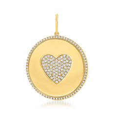 Ross-Simons - .49 ct. t. w. Pave Diamond Heart Circle Pendant in 14kt Yellow Gold. For any occasion that calls for it, you can now sweeten up your favorite chain with this endearing pendant. The glowing circle of polished 14kt yellow gold is embellished with a shimmery .49 ct. t. w. round pave diamond heart and border. Single bale fits up to a 8mm chain, sold separately. Pave diamond heart circle pendant. Diamond birthstones are the perfect gift for April birthdays. Biology Jewelry, Long Stone Necklace, Sorority Jewelry, Honeycomb Necklace, Hexagon Necklace, Claw Necklace, Moon Phases Necklace, Pendant Diamond, Diamond Birthstone