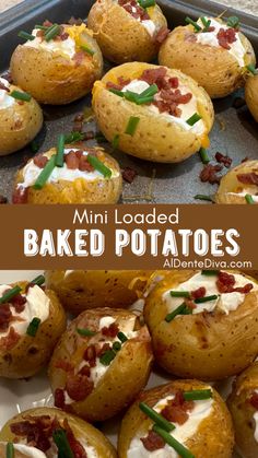 mini loaded baked potatoes with bacon and cheese on top, in a baking pan ready to be eaten