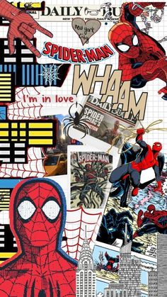 spiderman collage with many different pictures and words on the front, including an image of