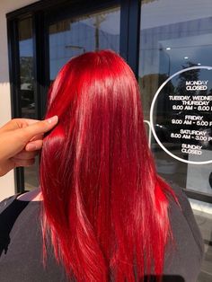 Bold Red Hair Color, Bright Red Hair Dye Ideas, Bright Red Hair With Black Highlights, Ariel Red Hair Color, Red Bright Hair, Bright Red Hair Aesthetic, Red Fire Hair, Bright Red Hair Ideas