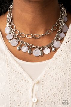 A pair of mismatched chunky silver chains layer below the collar. Shiny silver teardrop beads and gray shell-like discs dance from the bottom of the lowermost chain, creating a tropical-inspired fringe. Features an adjustable clasp closure. Sold as one individual necklace. Includes one pair of matching earrings. Trendy Fashion Jewelry, Silver Chains, Teardrop Beads, Paparazzi Accessories, Short Necklace, Paparazzi Jewelry, Trendy Jewelry, Shiny Silver, Stylish Jewelry